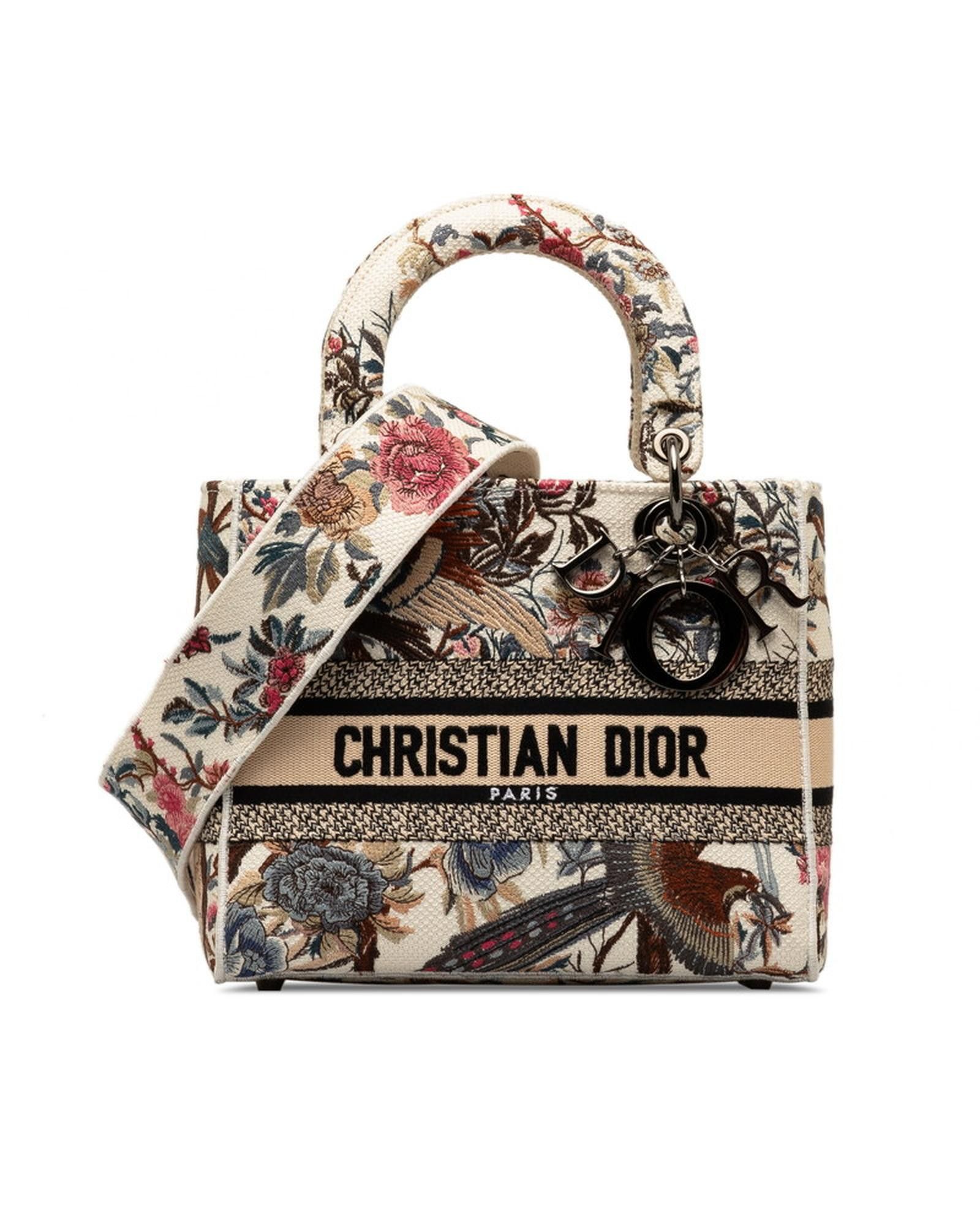image of Dior Medium Canvas Lady D-Lite Bag With Jardin Dhiver Print in White, Women's
