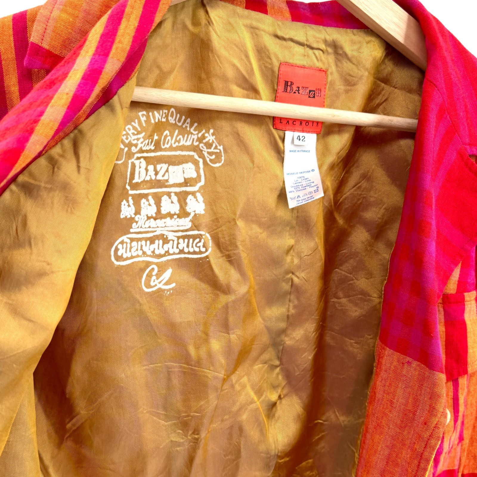 Christian Lacroix Vintage 90s Red Yellow Plaid 100% Linen Crop Jacket Size M / US 6-8 / IT 42-44 - 7 Thumbnail