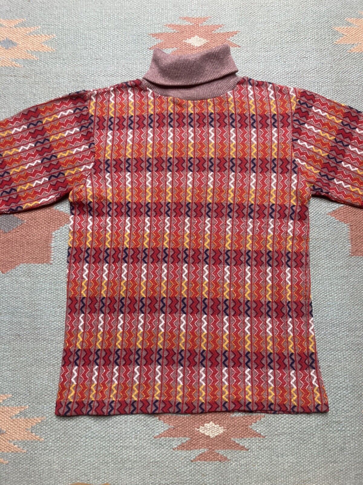 Vintage 70s knit shirt turtleneck sweater geometric boys 14 baby tee Size XS / US 0-2 / IT 36-38 - 2 Thumbnail
