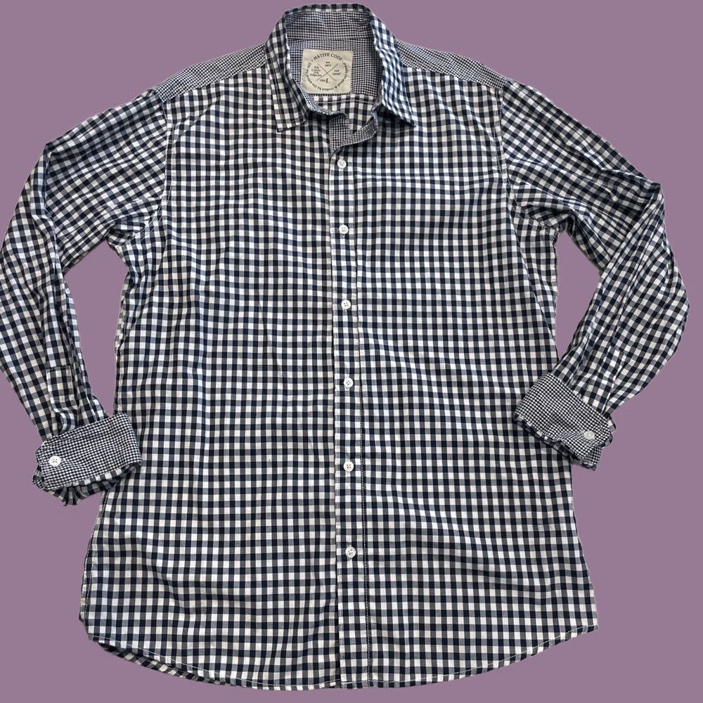 Native Native Code Mens Dress Shirt Navy White Plaid Long Sleeve Button Up Large Size 42R - 1 Thumbnail