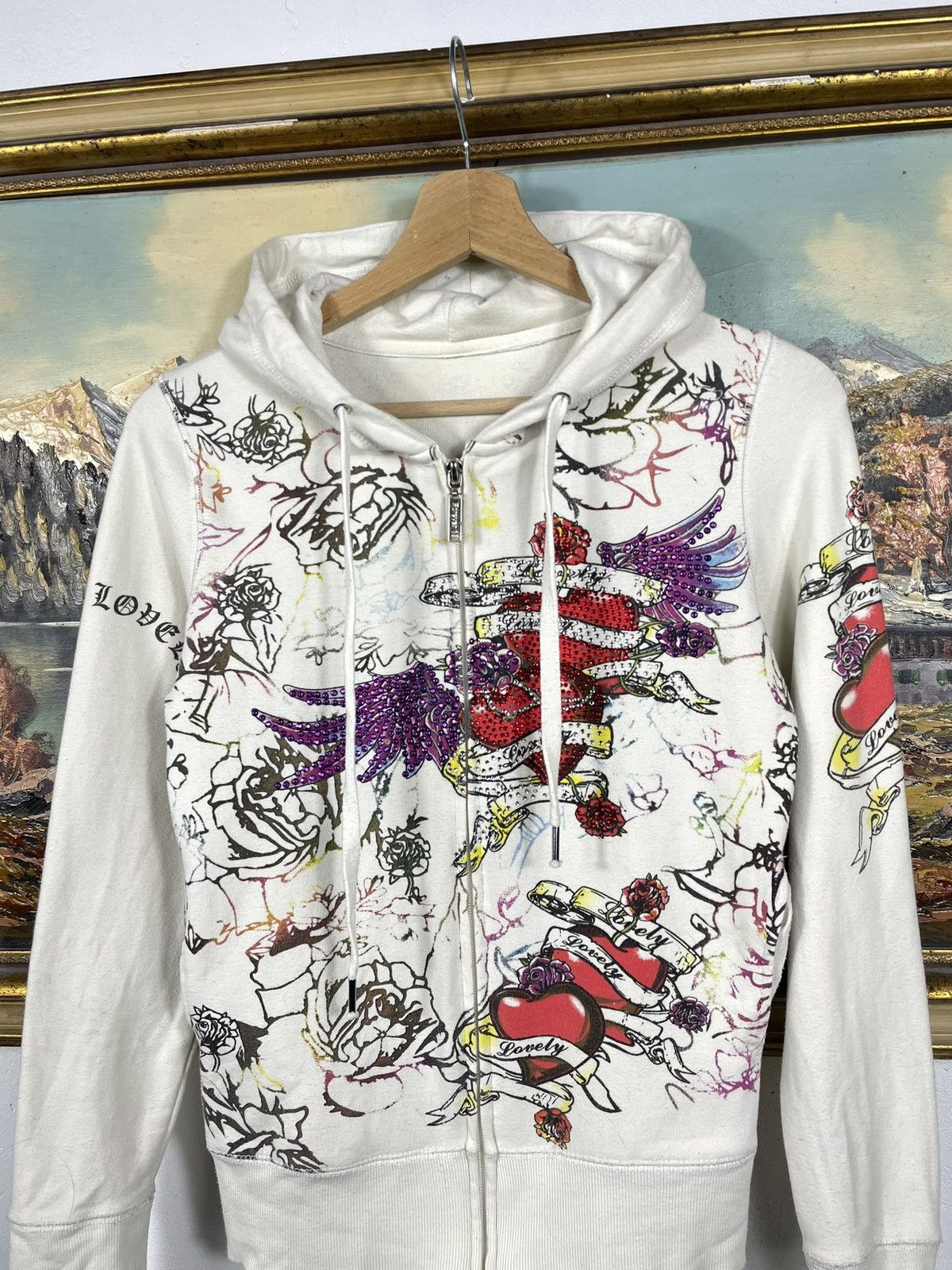 Christian Audigier × Ed Hardy × Vintage Retro 00s Ed Hardy Vibe Hoodie Crystals Affliction Grunge Size US XS / EU 42 / 0 - 4 Thumbnail