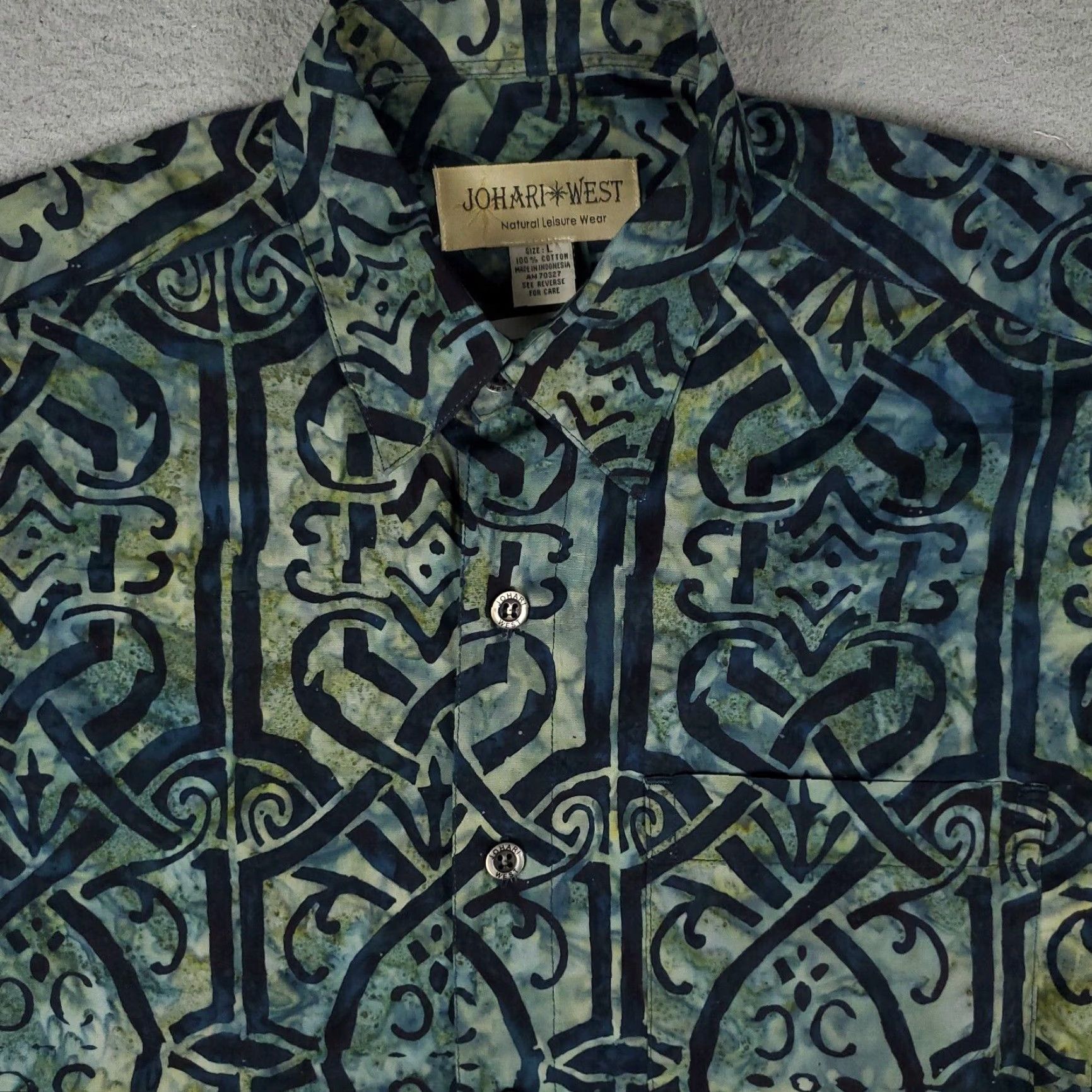 Vintage Johari West Shirt Blue Teal Large Casual Button-Up Geometric Short Sleeve Mens Size US L / EU 52-54 / 3 - 2 Thumbnail