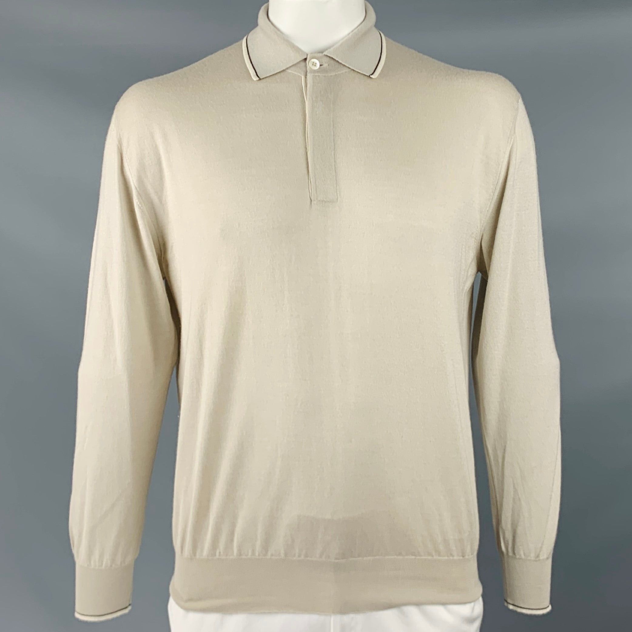 image of Brioni Oatmeal Beige Knit Cashmere Silk Polo Pullover, Men's (Size 2XL)