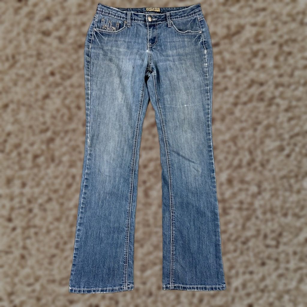 Vintage Earl Jean Jeans Women 6 Tall Blue Denim Boot Mid Rise Bling Embroidered Stretch Shirt? Size 28" / US 6 / IT 42 - 1 Thumbnail