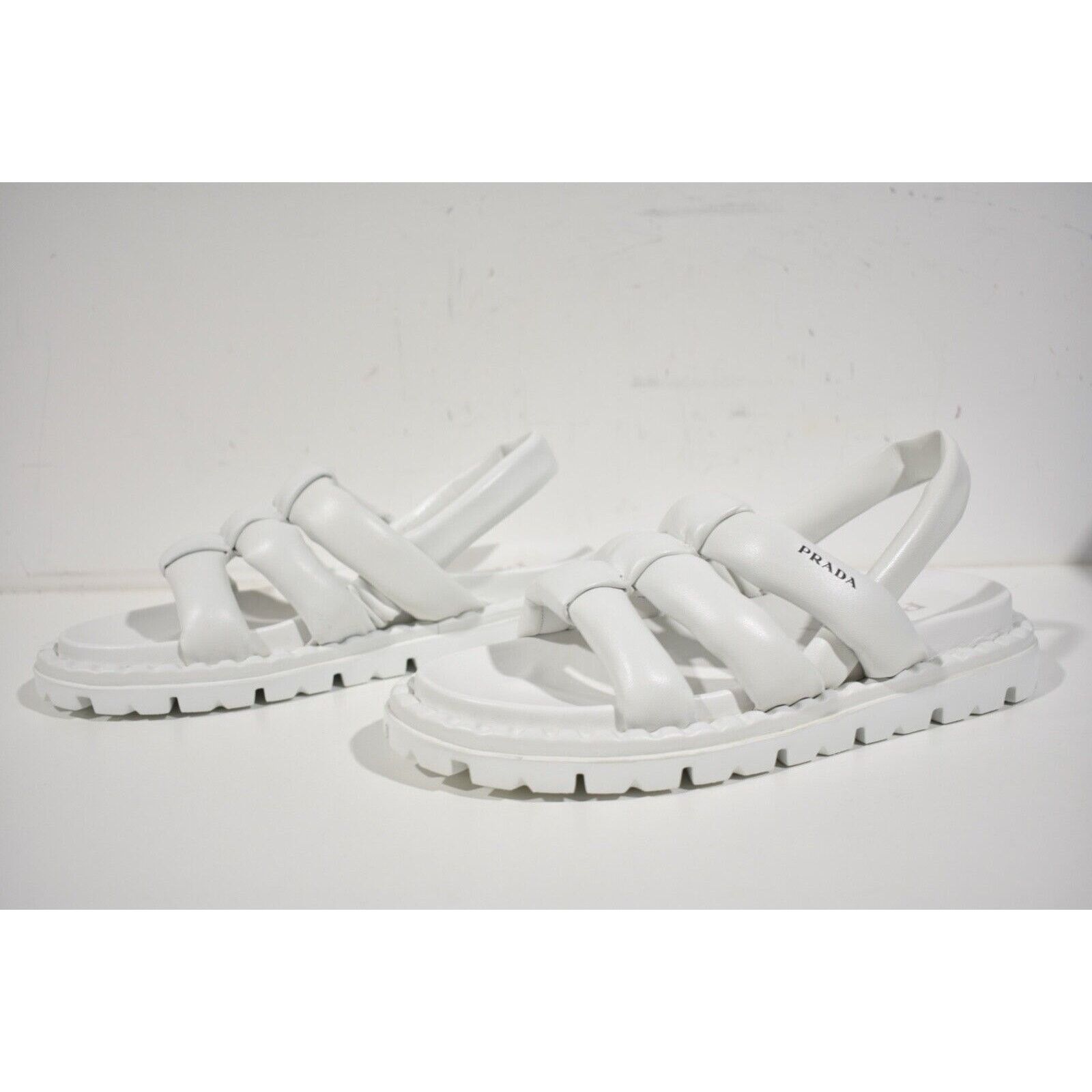 Prada Blow White Padded Leather Logo Strappy Slingback
