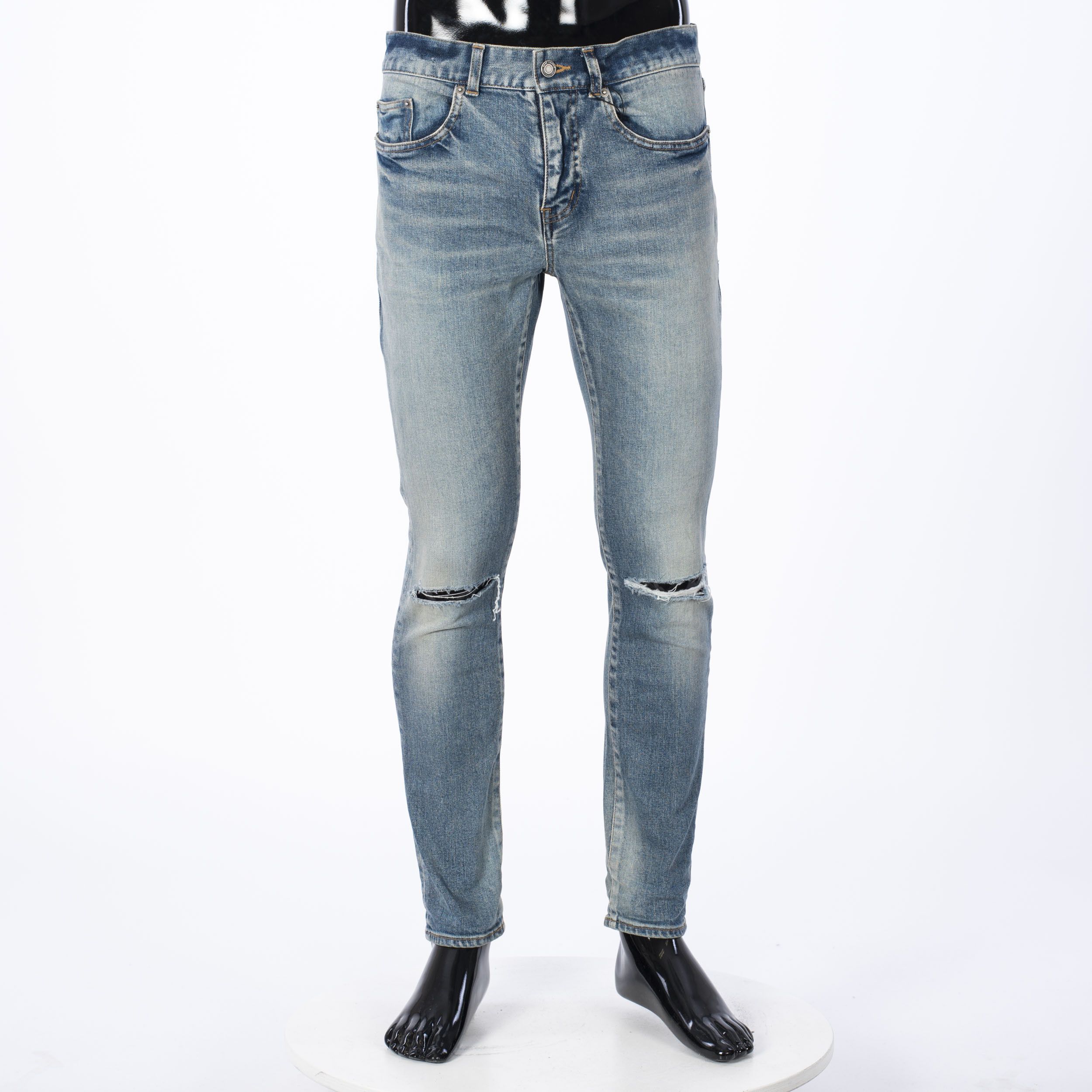 image of Saint Laurent Paris Skinny Jeans In Blue Stretch Denim With Destroyed Knees, Men's (Size 32)