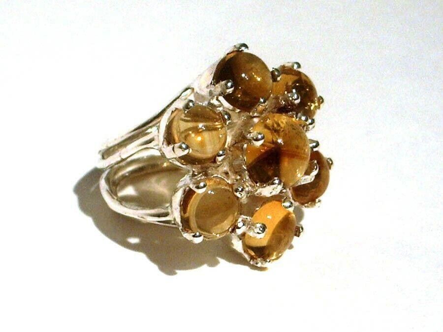 Handmade Sterling Silver Flower Cocktail Ring with Citrine Cabochons Size ONE SIZE - 2 Thumbnail