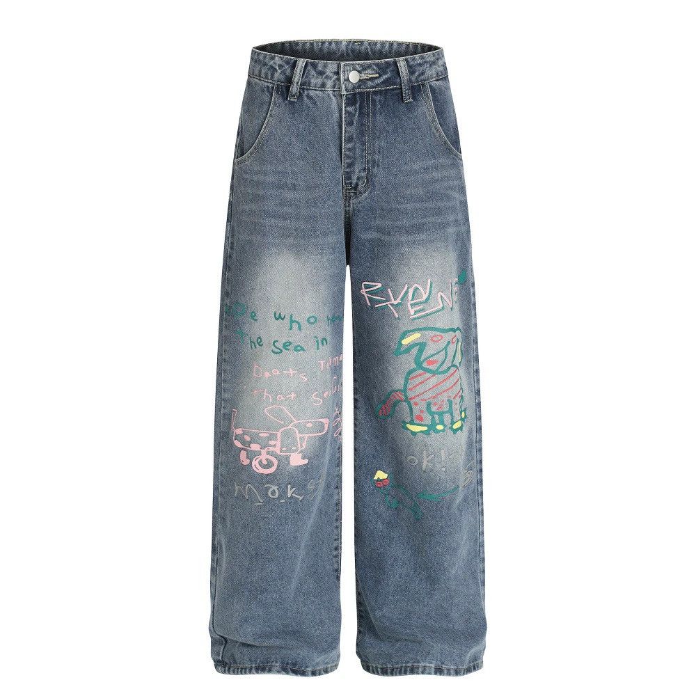 Jean Men's distressed washed graffiti cartoon wide-leg jeans Size US 32 / EU 48 - 1 Thumbnail