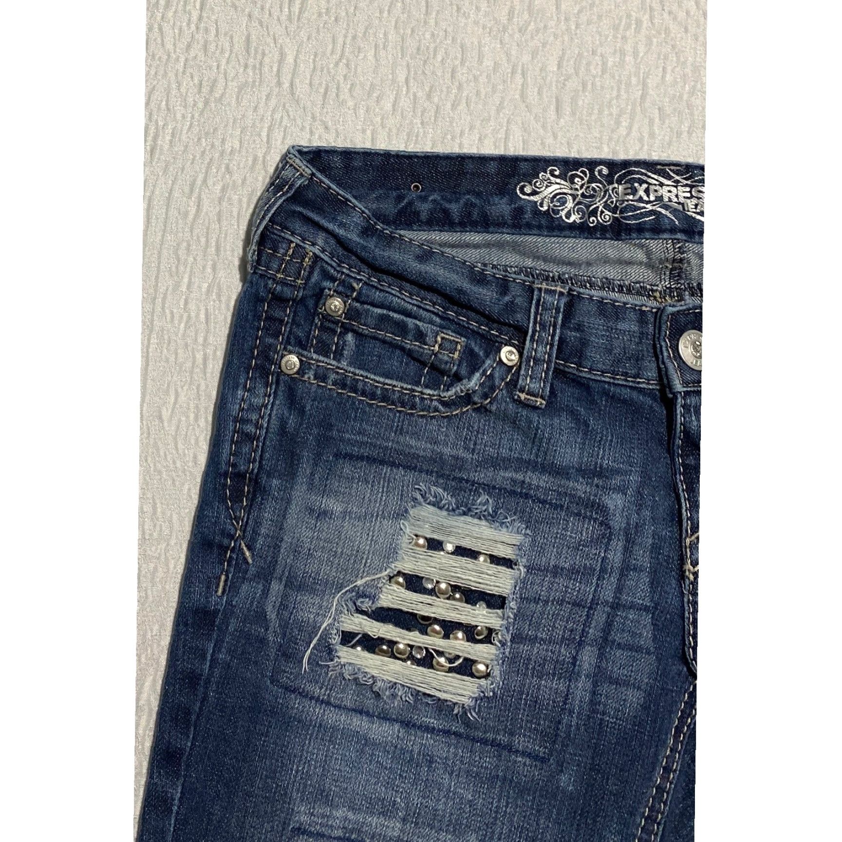 Express Express Jeans Womens 6 Blue Zelda Ultra Skinny Distressed Ripped Rhinestone Size 28" / US 6 / IT 42 - 4 Thumbnail