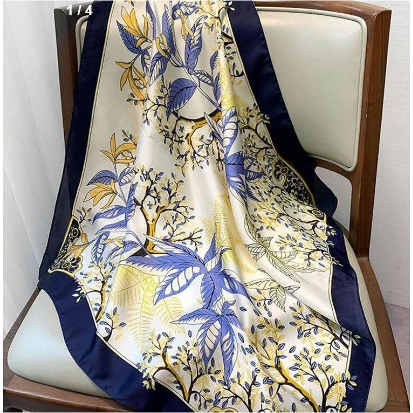 Other ⭐Elegant Luxurious Bandana Square Silky Scarf Blue Beige Flo Size ONE SIZE - 1 Thumbnail