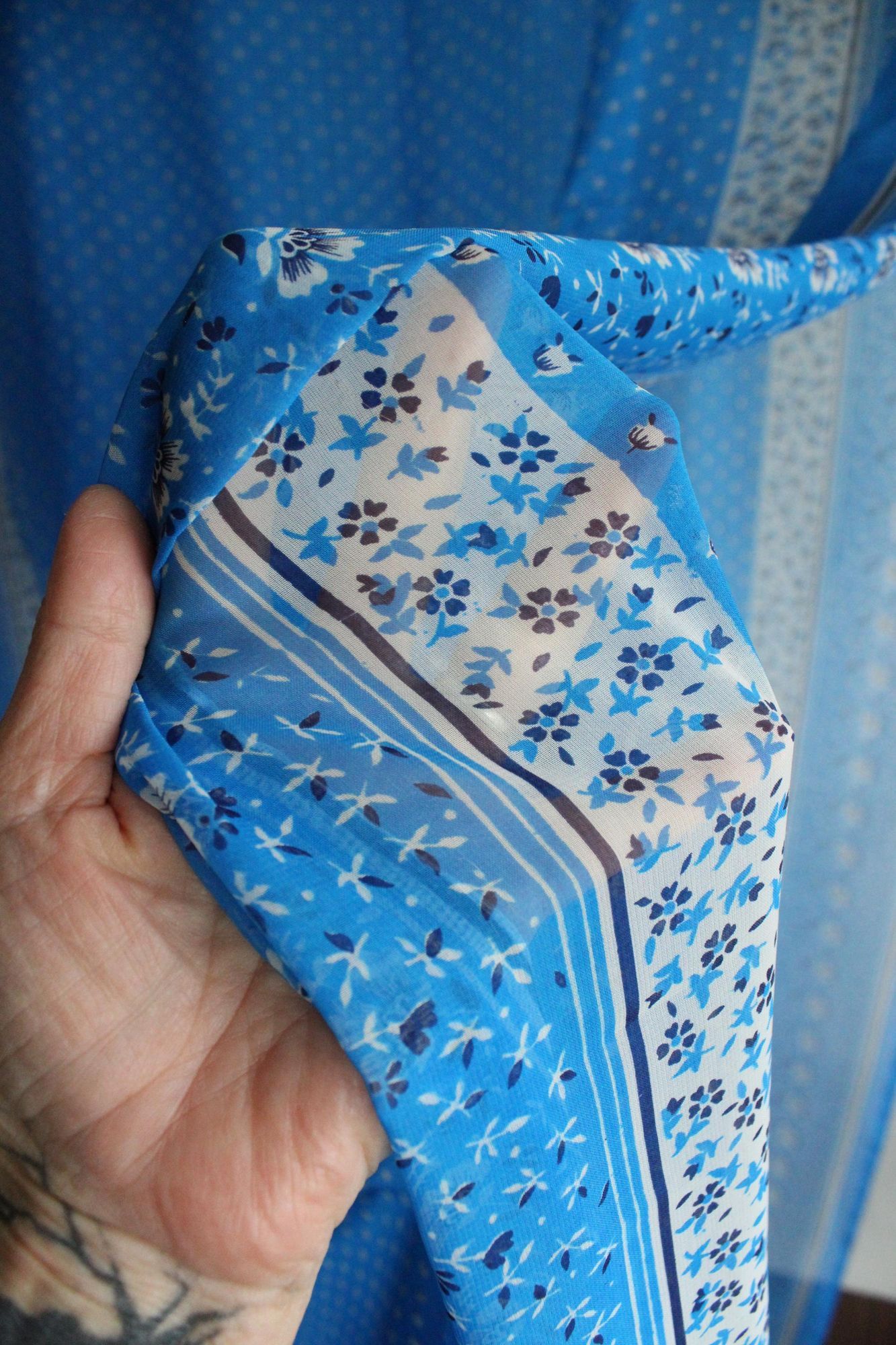 Vintage Vintage 1990s Indian Sari, Authentic Sky Blue Chiffon with a Size ONE SIZE - 10 Thumbnail