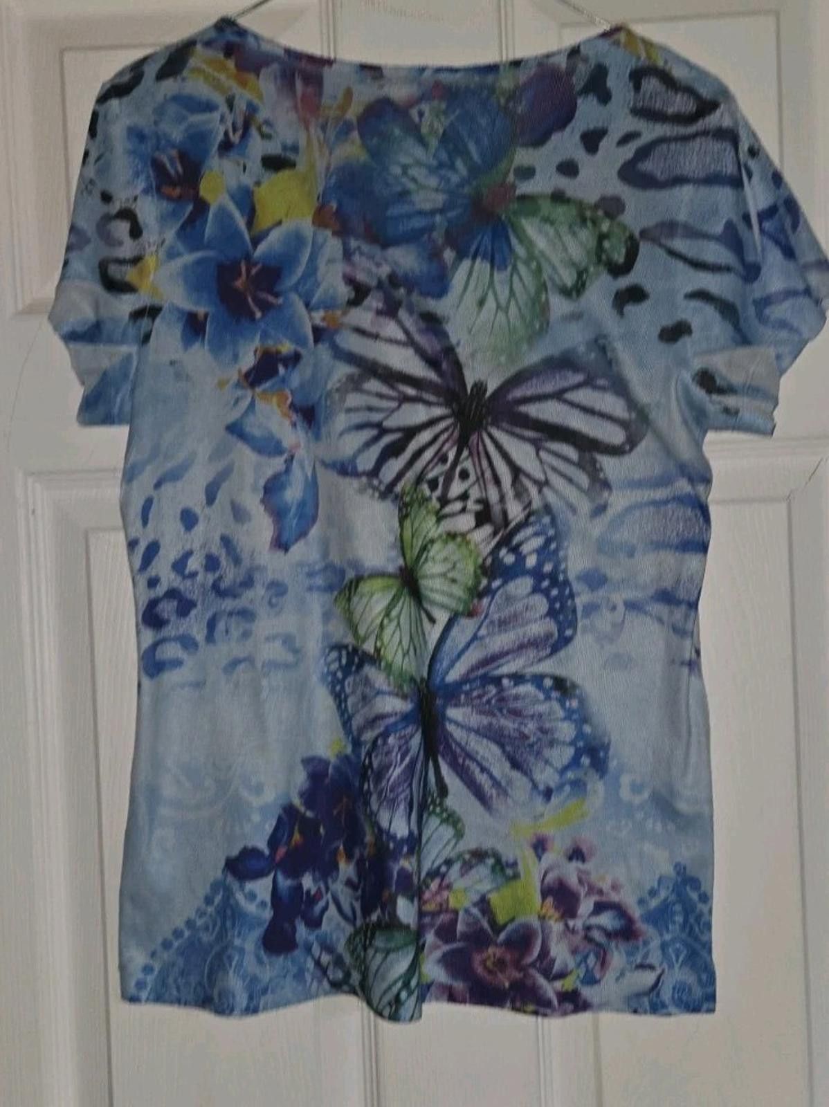 Apt. 9 APT. 9 Colorful Blue Green Butterfly Floral Print Blouse Top Size L / US 10 / IT 46 - 8 Thumbnail