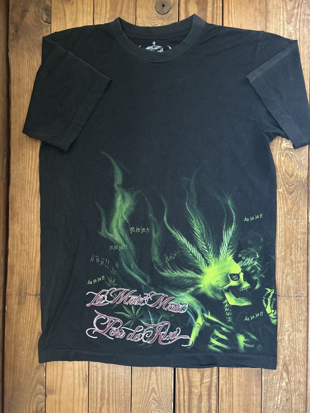Affliction × Vintage Crazy Vintage Y2K Weed Skeleton Spanish Mota Black Tee Shirt Size US M / EU 48-50 / 2 - 2 Thumbnail
