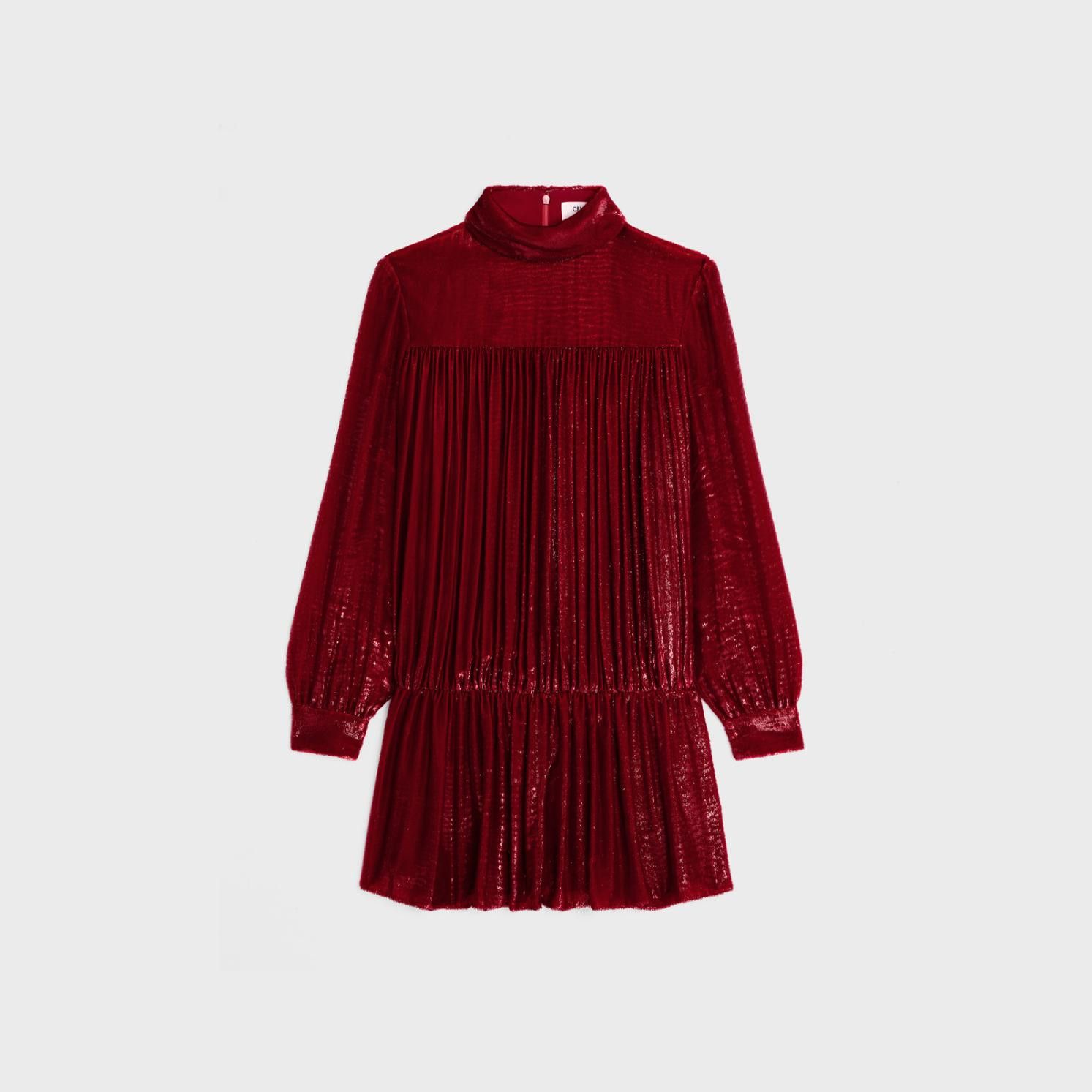 Celine o1w1db10125 2R09J863V Velvet Gathered Mini Dress in Red Size XXS / US 00 / IT 34 - 1 Thumbnail