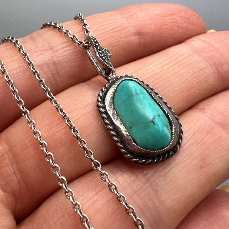 Vintage Sterling Silver 925 Turquoise Pendant Necklace