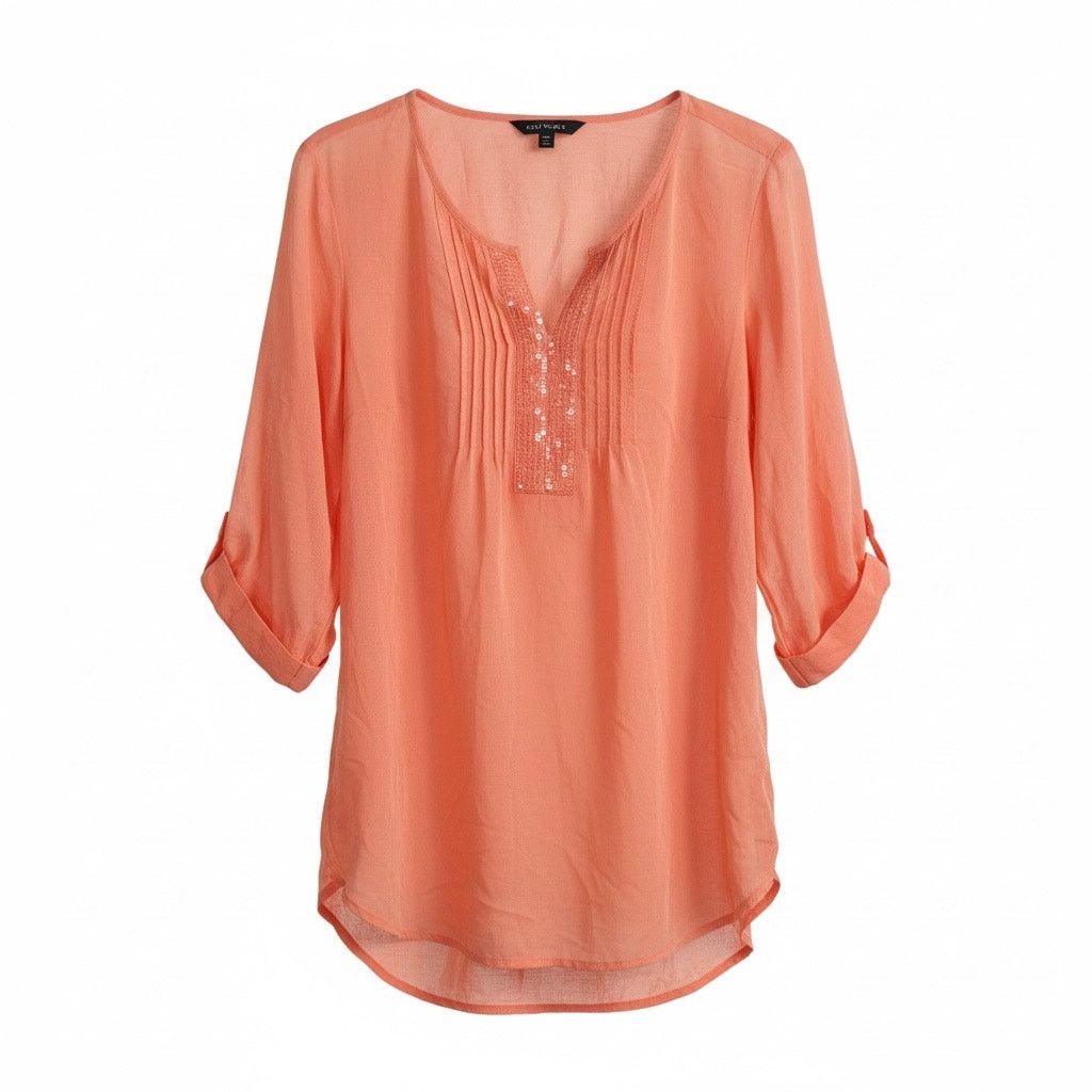 Express Express Women’s XS Sheer Coral Chiffon Blouse Sequin V-Neck Size XS / US 0-2 / IT 36-38 - 1 Thumbnail