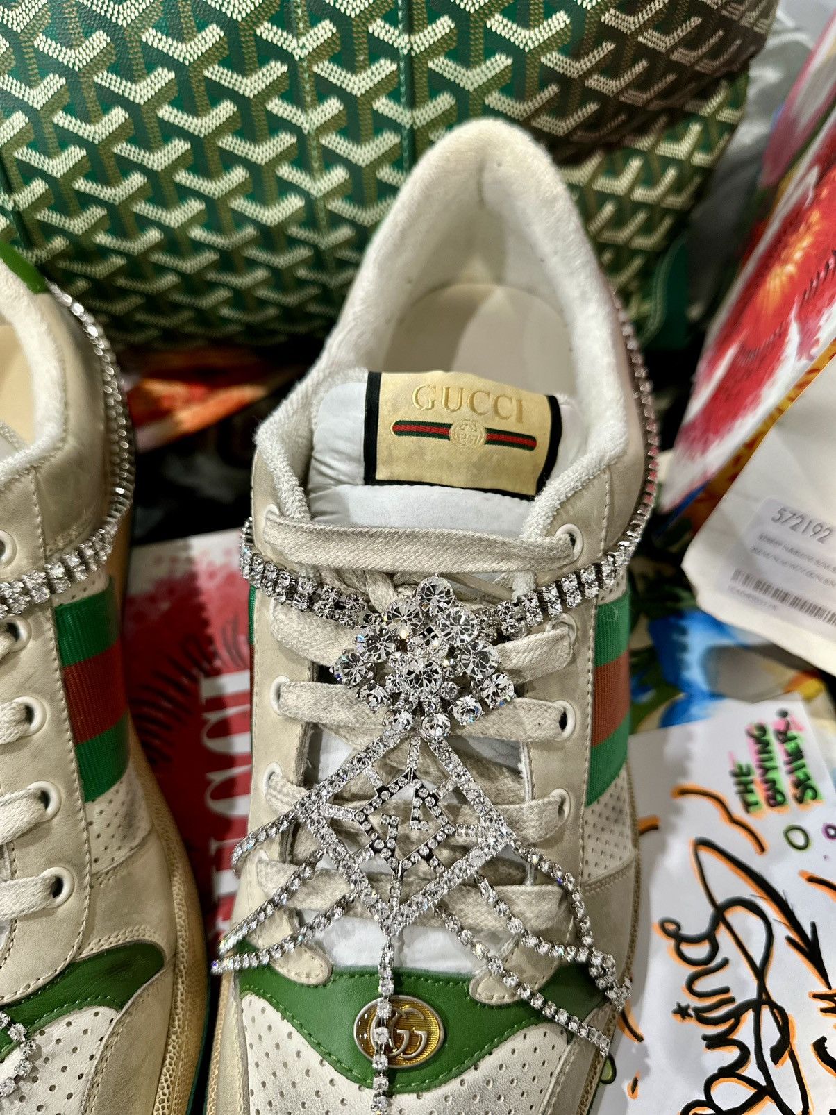 Gucci Off White Green Distressed Leather Crystal Screener Sneakers Size US 14 / EU 47 - 2 Thumbnail