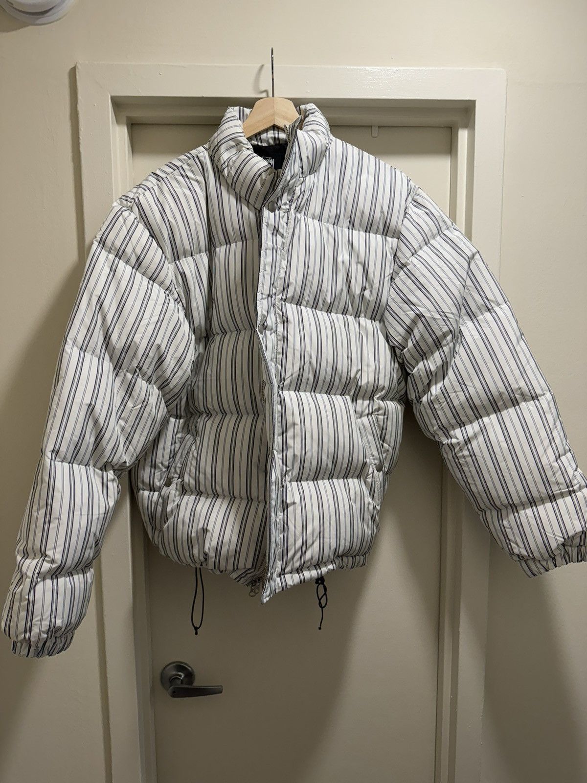 image of Stussy Striped Puffer Jacket in Blue Stripe, Men's (Size Large)