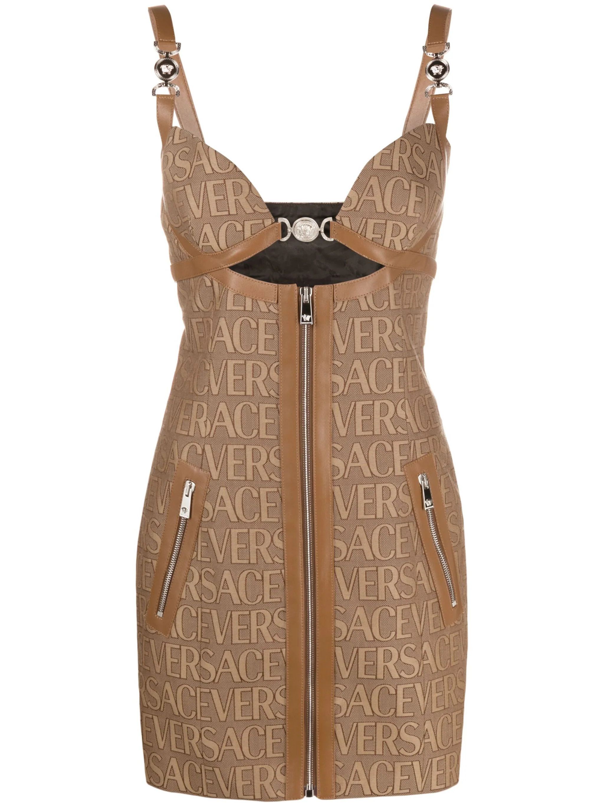 Versace o1s22i1n1024 Leather Trims Monogram Mini Dress Size M / US 6-8 / IT 42-44 - 1 Thumbnail