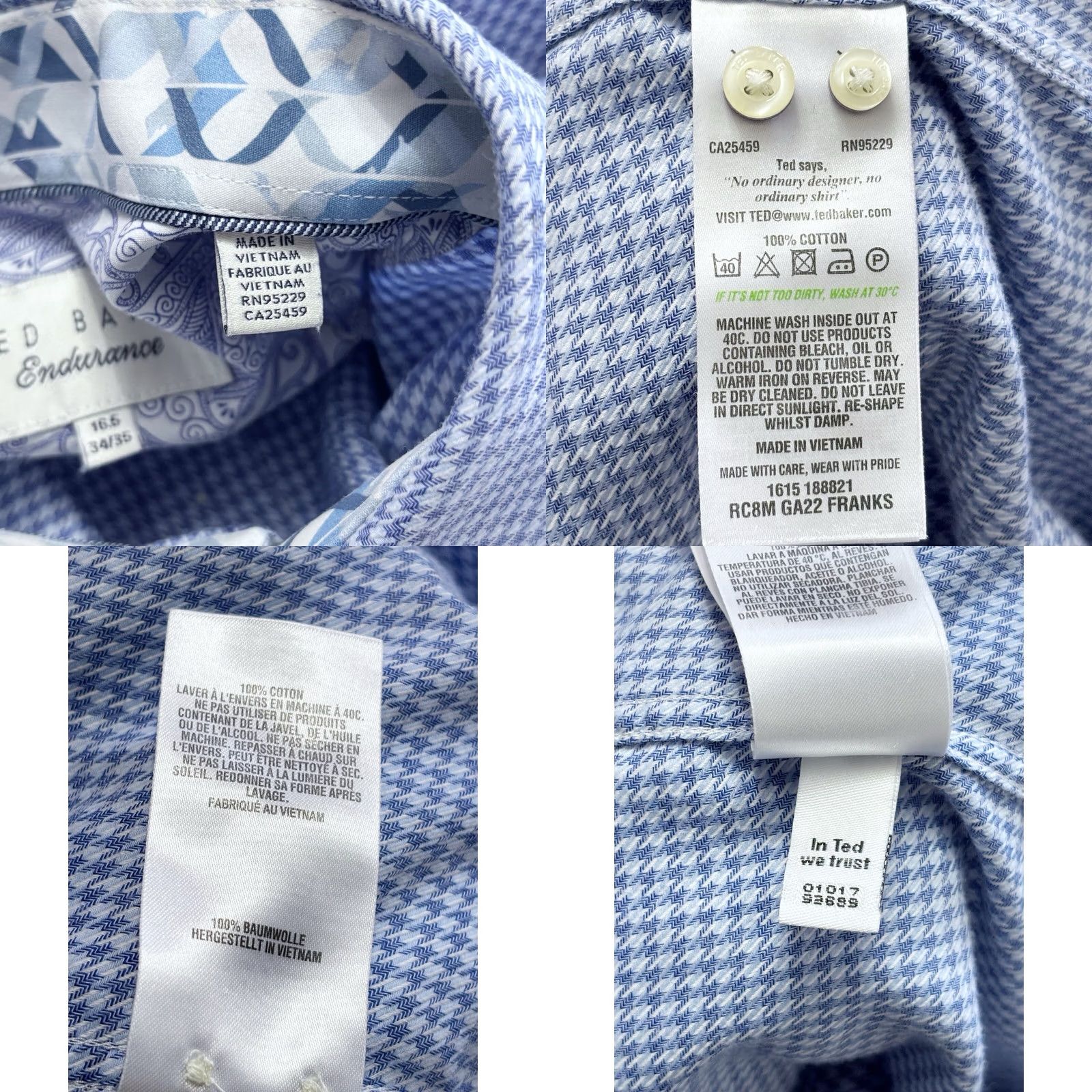 Ted Baker Ted Baker Formal Shirt Size 16.5” Mens Houndstooth Paisley Blue White VGC Size 46R - 8 Thumbnail