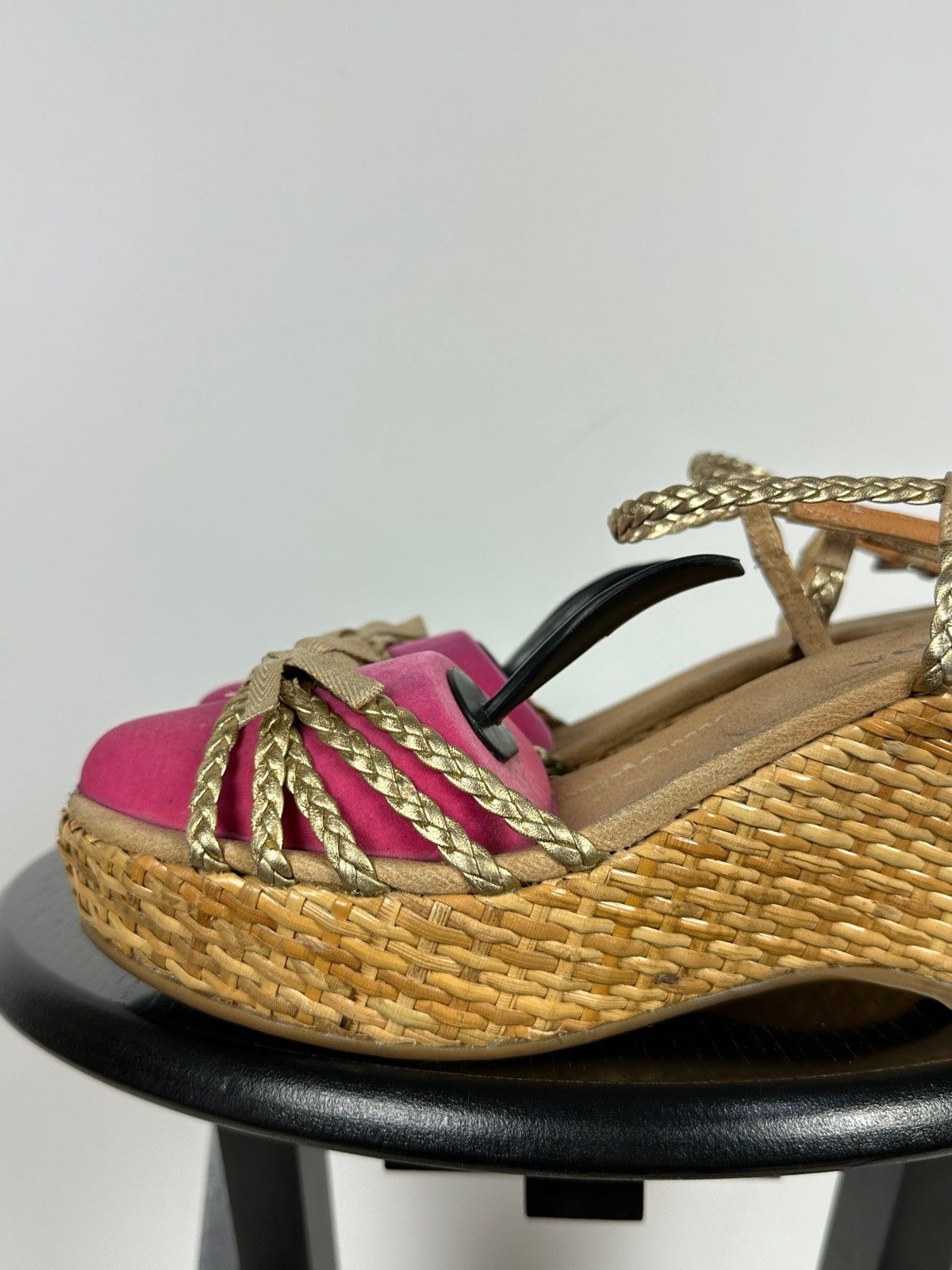 Prada Prada Braided Leather Woven Raffia Wedge Ankle Strap Sandals Size US 9.5 / IT 39.5 - 12 Thumbnail