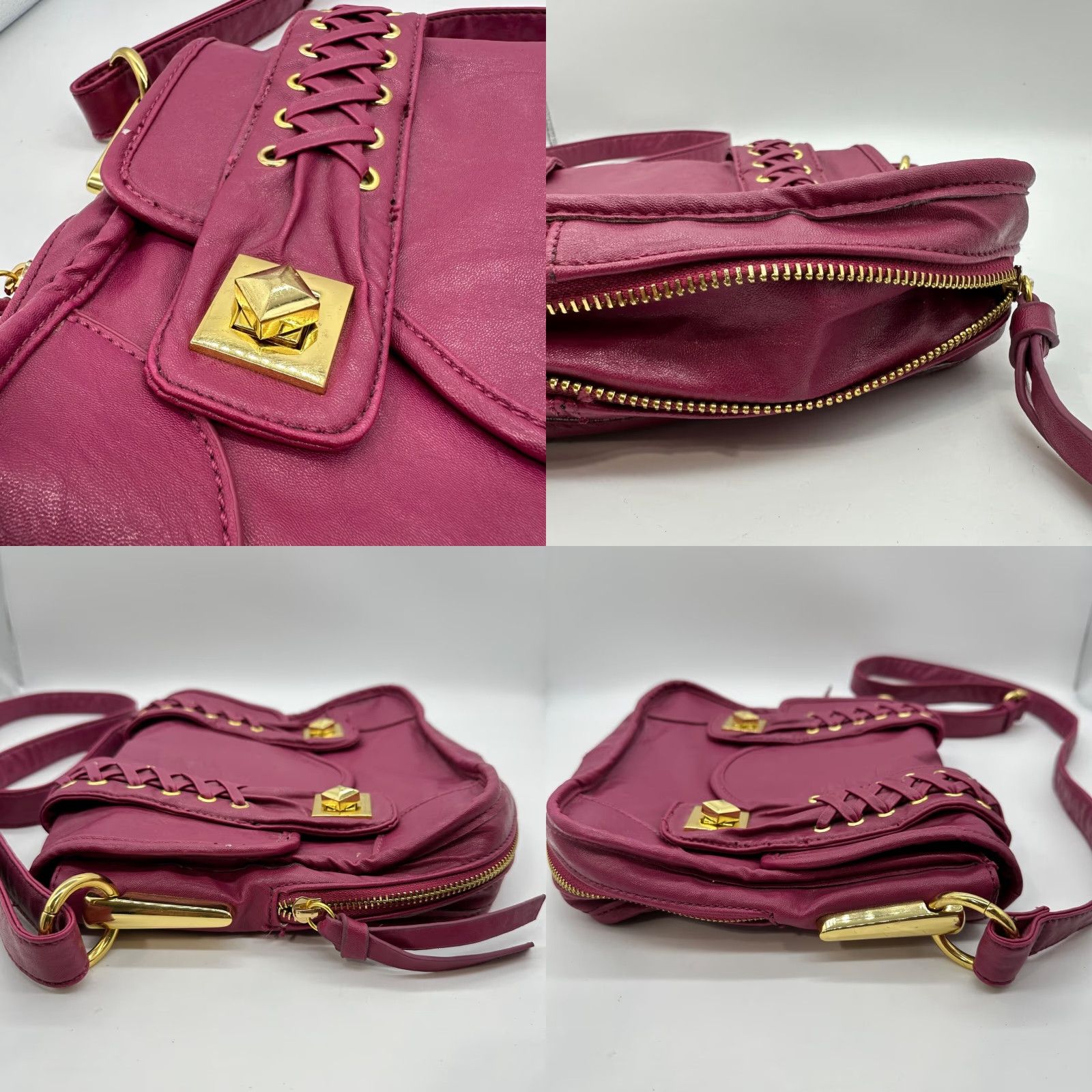 Vintage RJ Womens Crossbody Bag Purse Pink Magenta Gold Laced Faux Leather Fold Over Crossbody Size ONE SIZE - 8 Thumbnail
