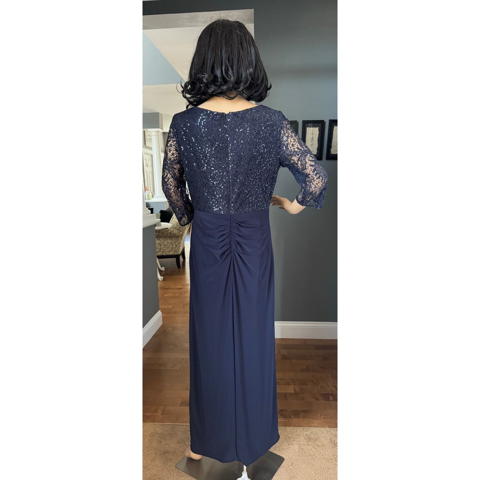 Alex Evenings Navy Long sequin Bodice sheer sleeves Dress