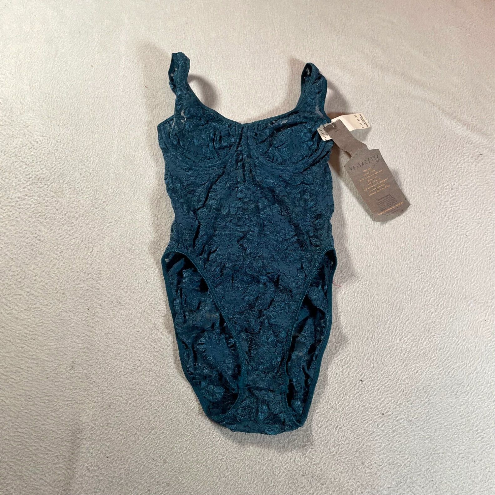 Vintage Vassarette Lingerie Bodysuit Green Satin Lace Teddy XL Womens