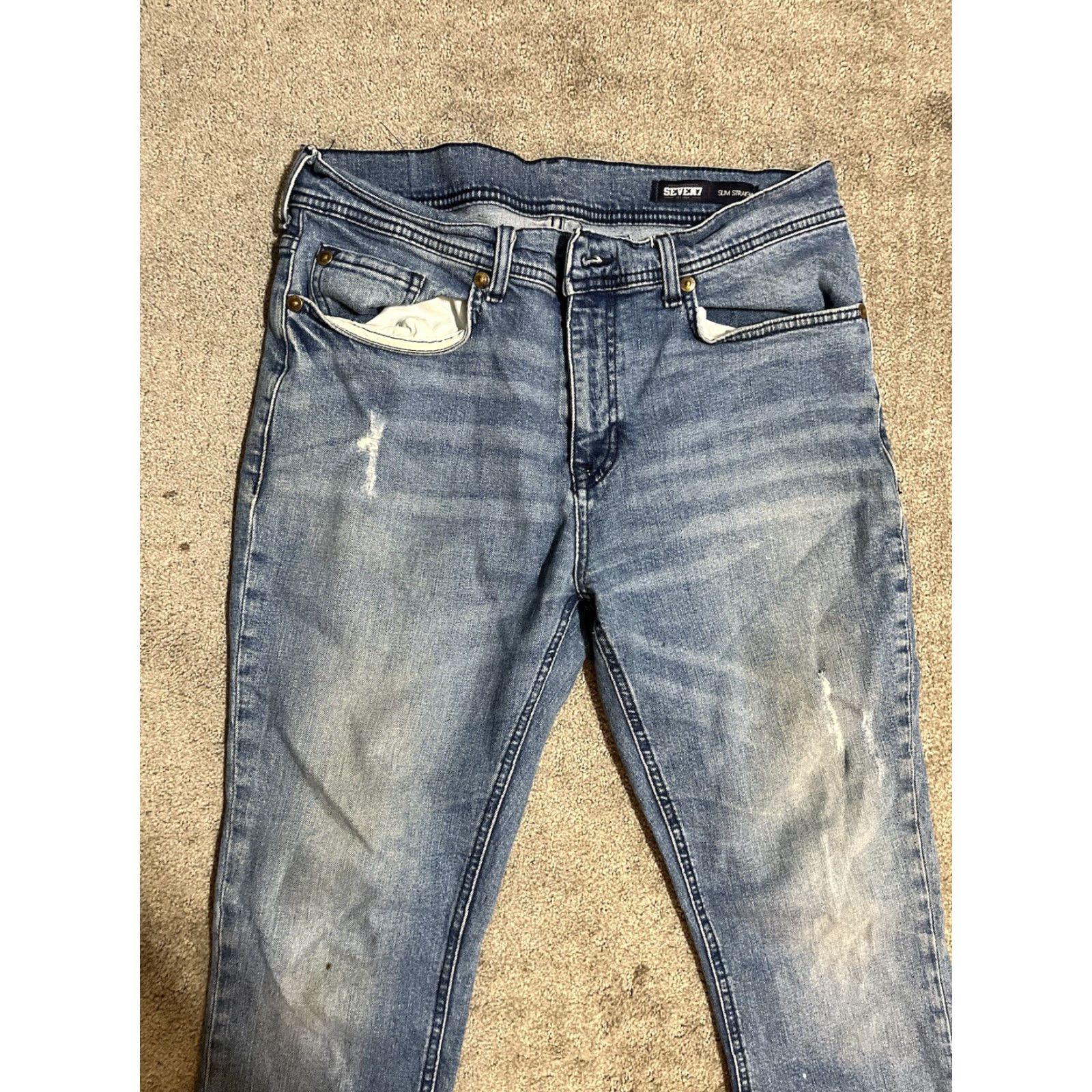 Vintage Seven 7 Jeans Mens 34x30 Slim Straight Fit Distressed Denim Blue 5-Pocket Stretch Comfort Slimming Regular Rise Mid 34 In Waist Inseam 30 In Classic Size US 34 / EU 50 - 4 Thumbnail