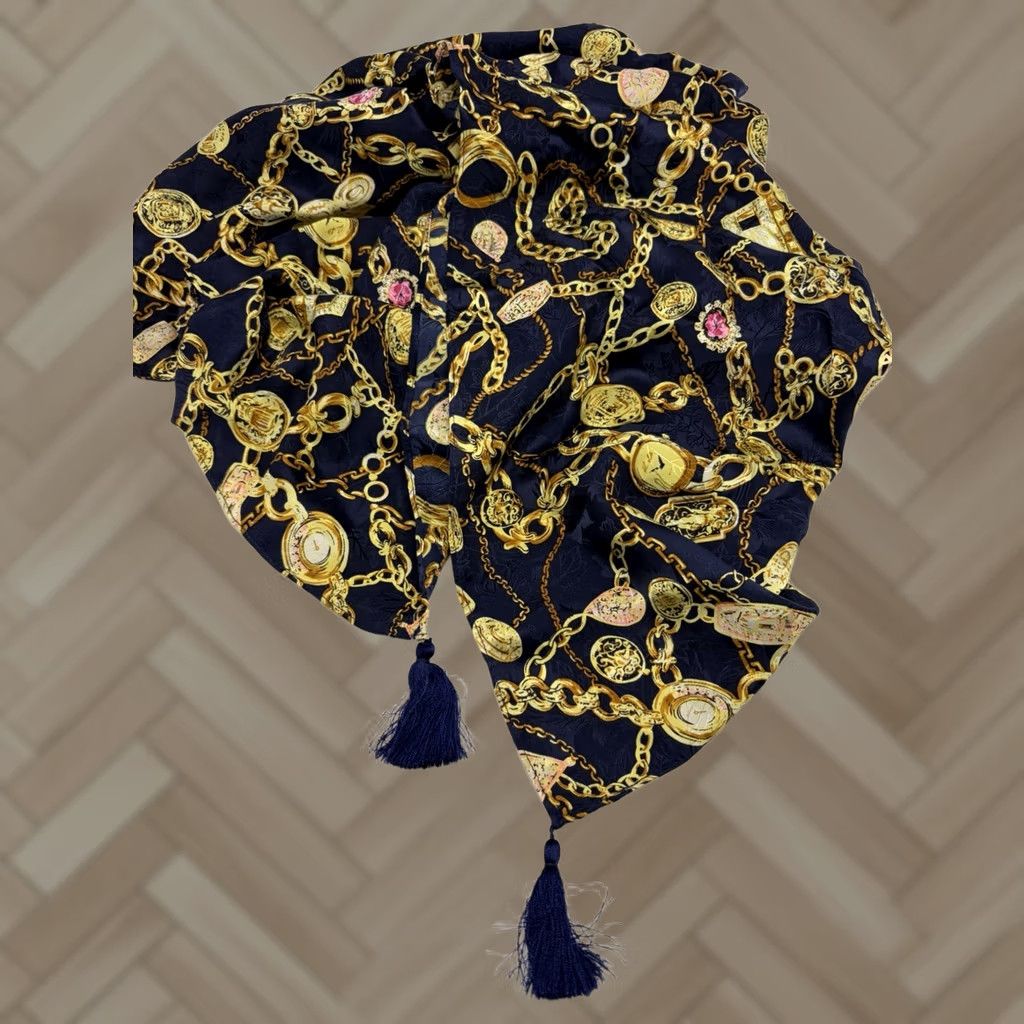 Vintage Vintage Diane Freis Silk Scarf Large Blue Yellow Chain Print Jewelry Motif Shawl Size ONE SIZE - 1 Thumbnail
