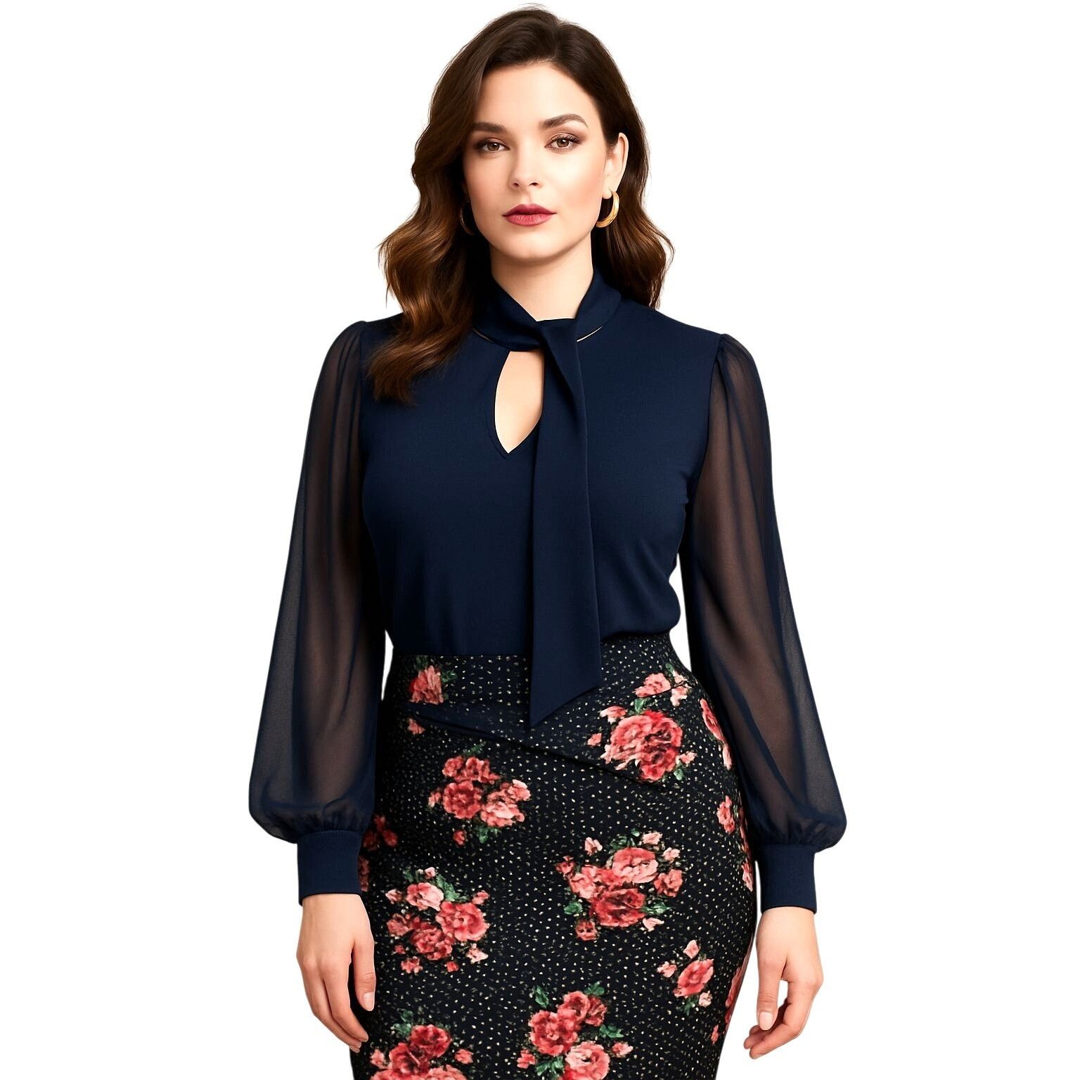 Other Adele May Navy Blouse Large Sheer Sleeve Tie Neck Keyhole Ro Size L / US 10 / IT 46 - 2 Thumbnail