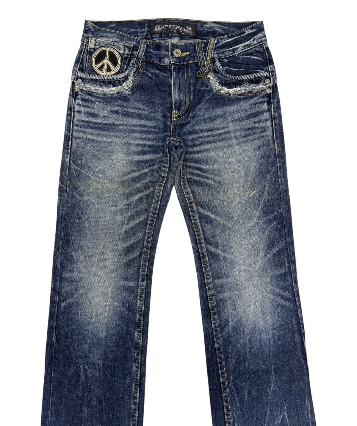 Tornado Mart 🔥RED PEPPER ☮️ EMBROIDERY FLARED JEANS DISTRESSED DENIM Size US 33 - 8 Thumbnail