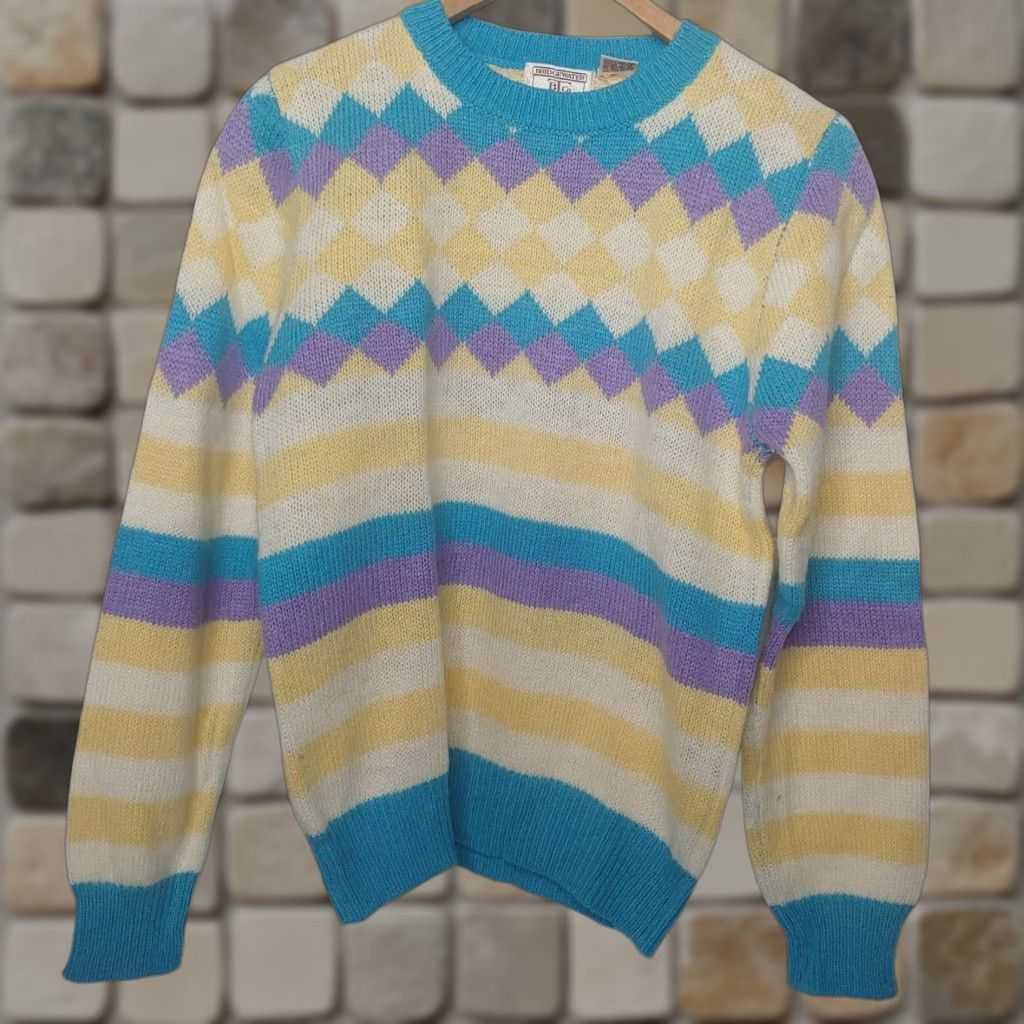 Etro VINTAGE Bridgewater Trading Company Geometric Knit Sweater Womens Medium Yellow Blue 1980s Retro Pullover Size M / US 6-8 / IT 42-44 - 1 Thumbnail