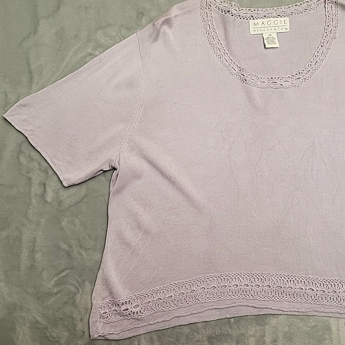 Vintage VINTAGE Maggie McNaughton Blouse Womens 2X Purple Silk Crochet Trim Short Sleeve Top Size XXL / US 16-18 / IT 52-54 - 2 Thumbnail