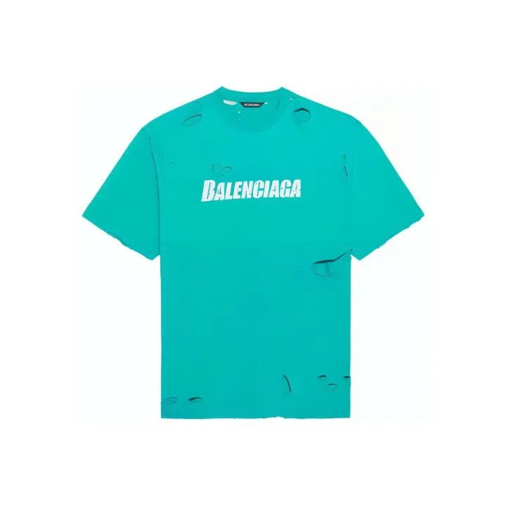 Balenciaga Balenciaga Distressed Logo T-Shirt in Aqua Green Size US XS / EU 42 / 0 - 1 Thumbnail
