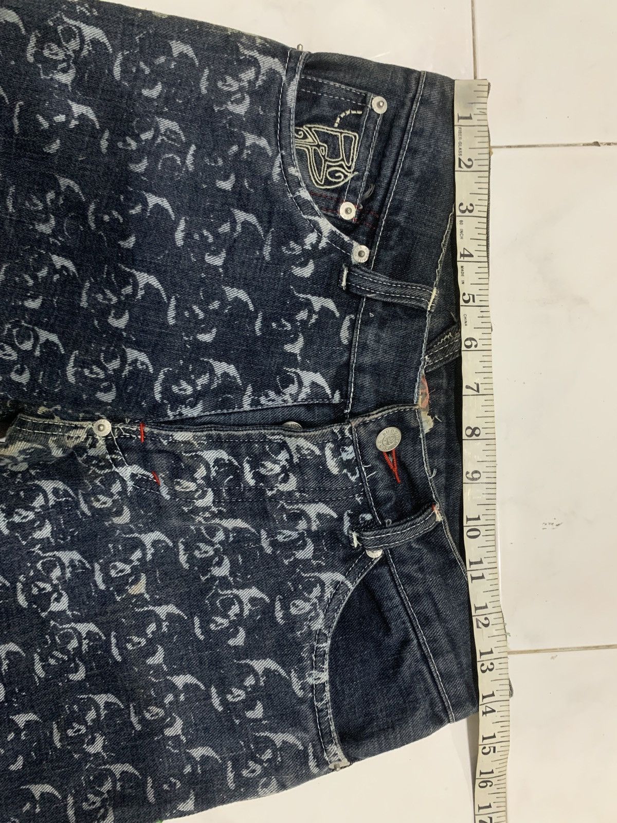 Japanese Brand Vintage Buddhist Punk Skull All Over Print Flared Jeans Size US 27 - 16 Thumbnail