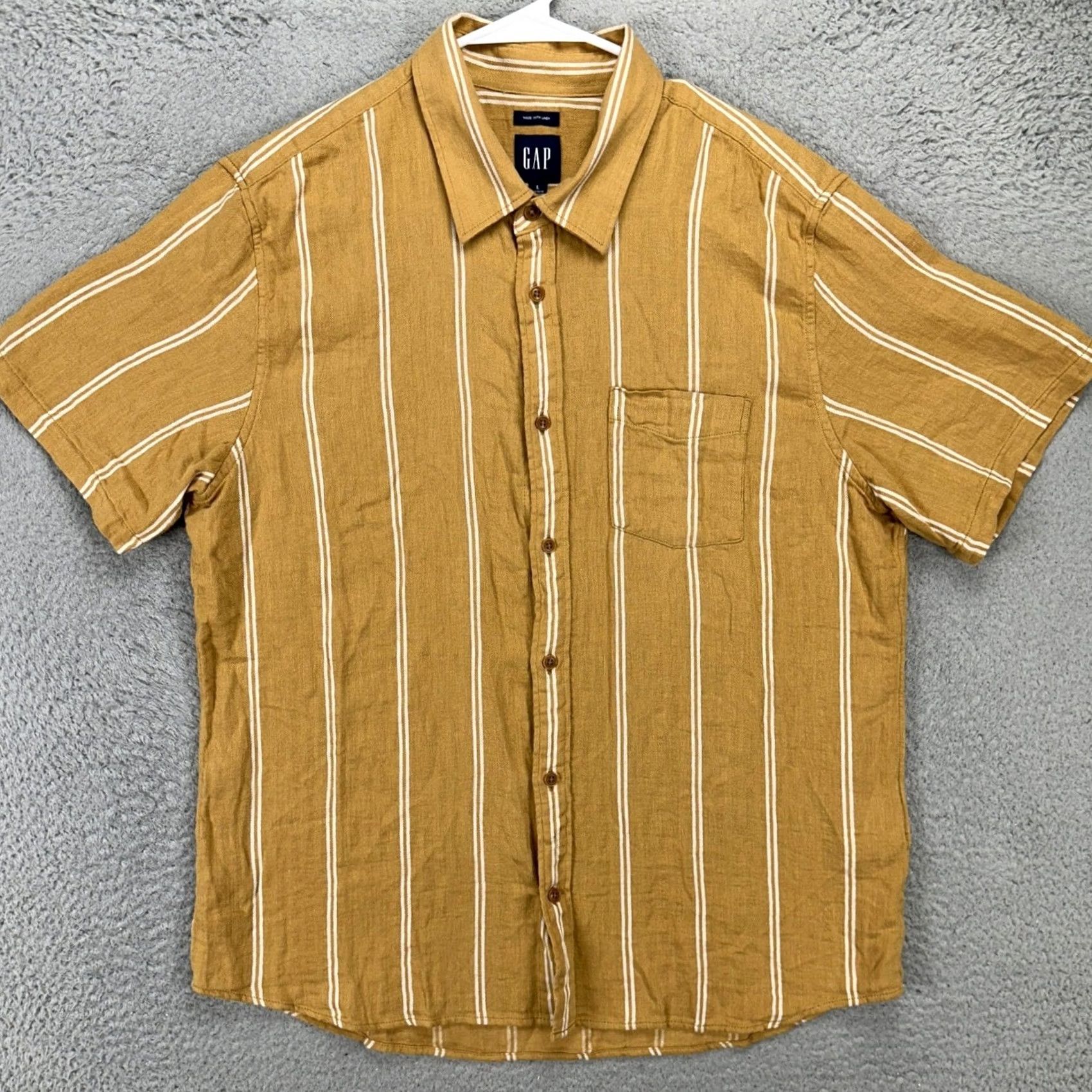 Gap Gap Shirt Men Linen Blend Gold Tan Herringbone Pocket Button Up Large Short Sleeve Casual New with Tags Size US L / EU 52-54 / 3 - 3 Thumbnail