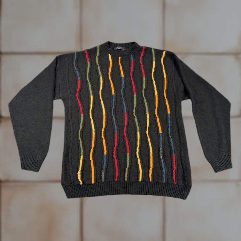 Vintage VINTAGE Protege Sweater Mens Adult LARGE Black 3D Knit Textured Striped 90s Pullover Knit Biggie Size US L / EU 52-54 / 3 - 1 Thumbnail