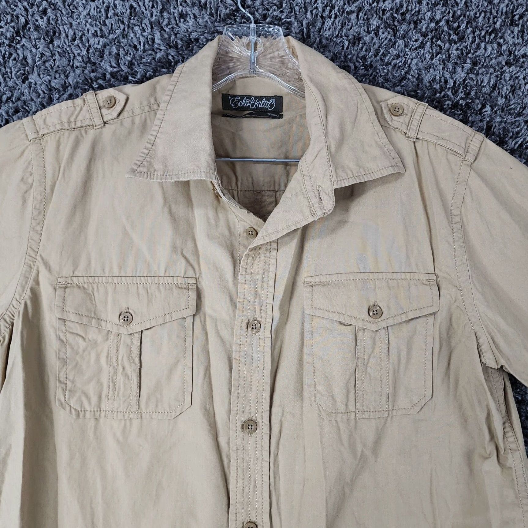 Ecko Unltd. VINTAGE Ecko Unltd Shirt Mens Beige Short Sleeve 100% Cotton Size M Button-Up Mens Size US 31 - 4 Thumbnail