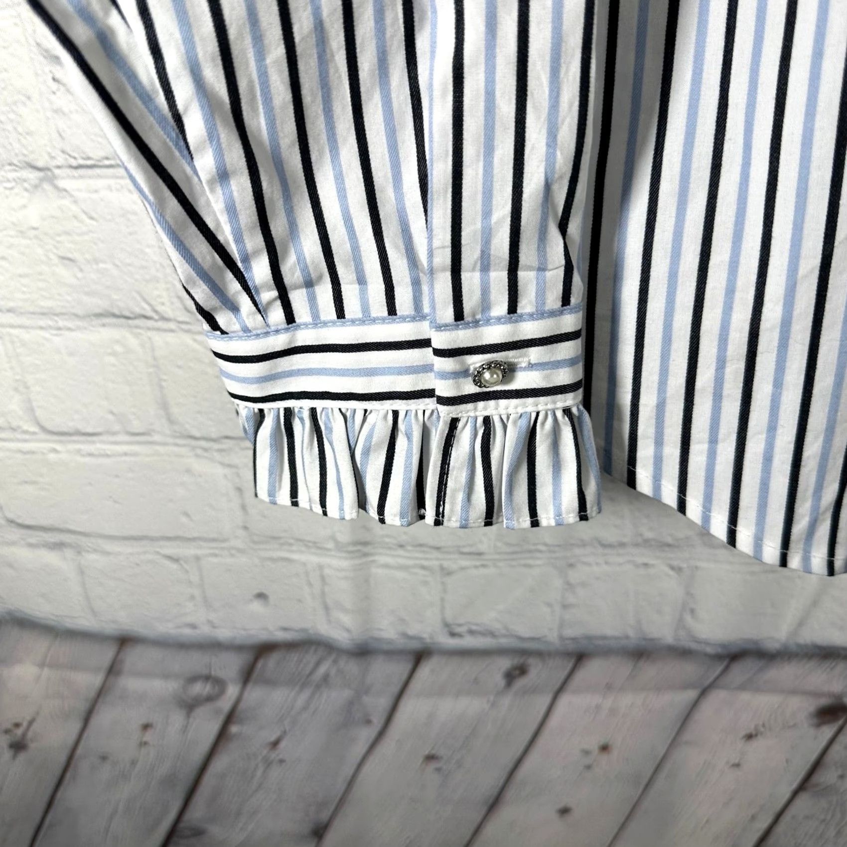 Karl Lagerfeld Karl Lagerfeld Paris Womens Blouse Shirt Blue Striped Ruffle Lace Front Button 100% Cotton Size M / US 6-8 / IT 42-44 - 3 Thumbnail