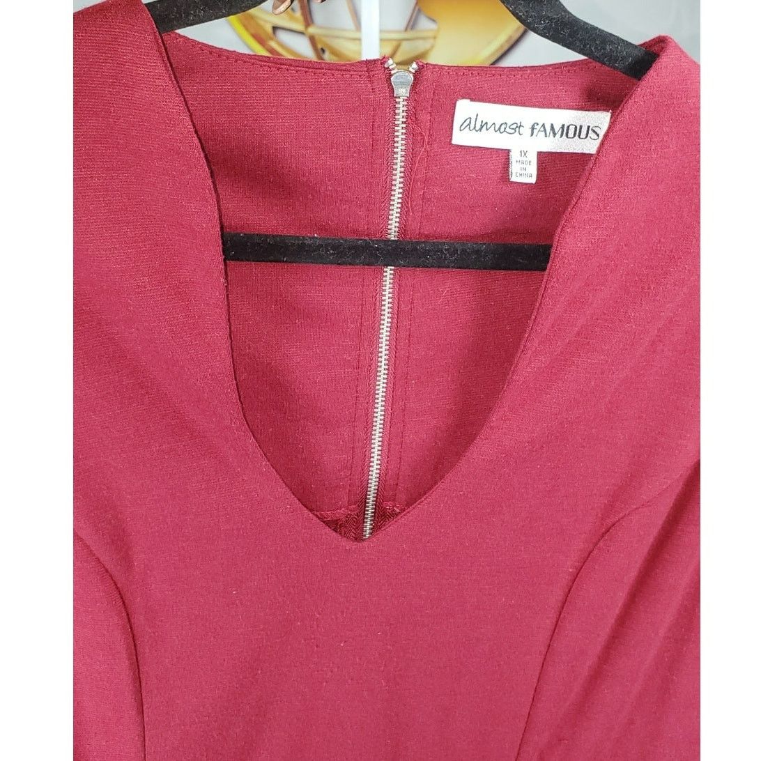 Almost Famous Almost Famous Burgundy V-Neck Cap Sleeve Stretch Dress 1X Size XXL / US 16-18 / IT 52-54 - 3 Thumbnail