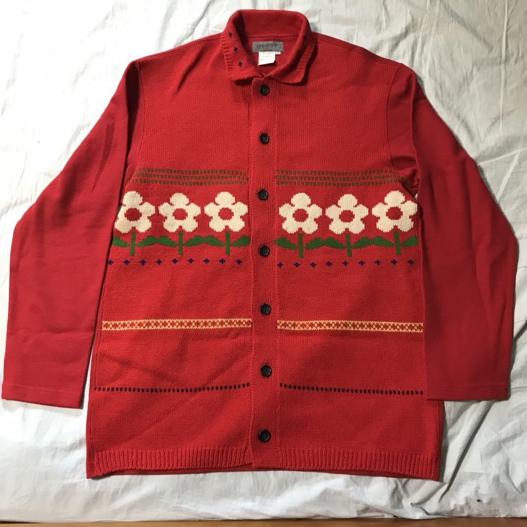 image of Yohji Yamamoto Pour Homme 90's Vintage Flower Knit Jacket in Red, Men's (Size Medium)