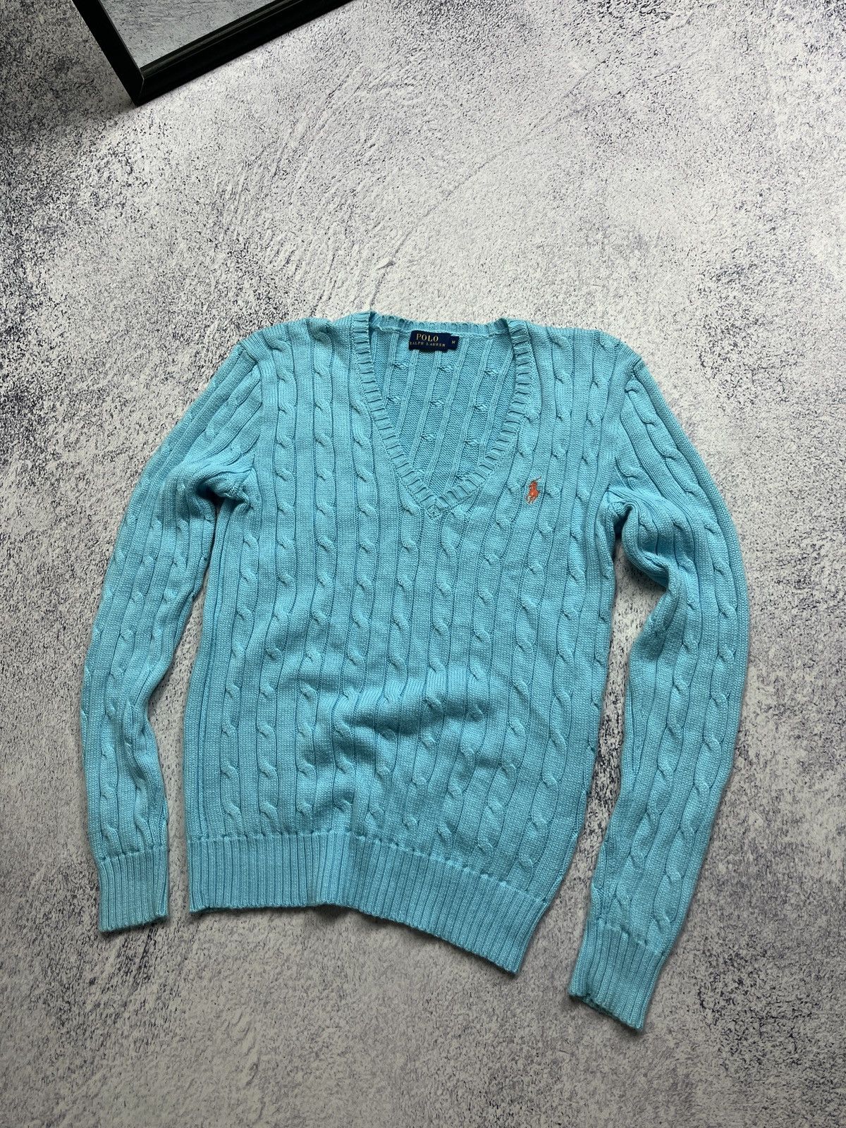 Polo Ralph Lauren × Ralph Lauren Polo Ralph Lauren V-neck Women’s Blue Cable Knit Sweater Size M / US 6-8 / IT 42-44 - 2 Thumbnail