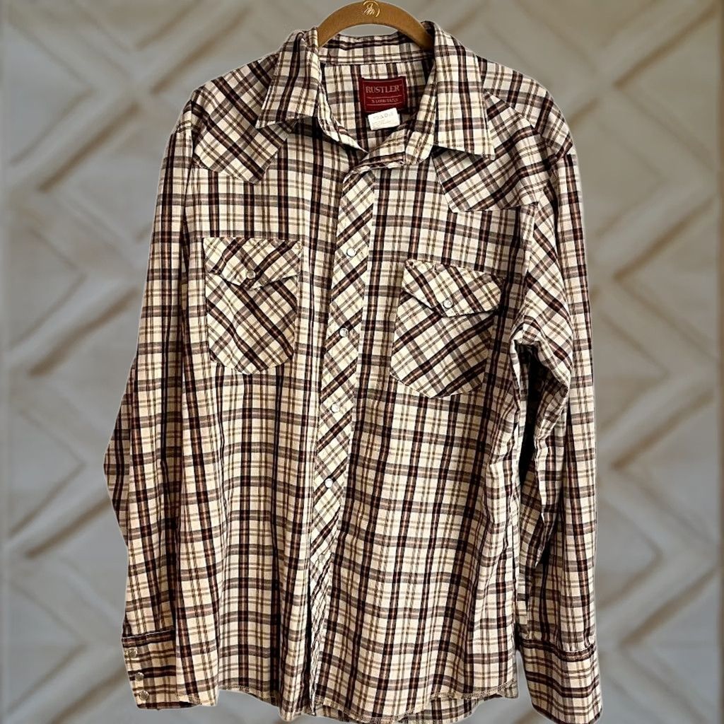 Vintage VINTAGE Rustler Tan Plaid Pearl Snap Shirt Long Sleeve X-Long Tail Men L Size US M / EU 48-50 / 2 - 1 Thumbnail