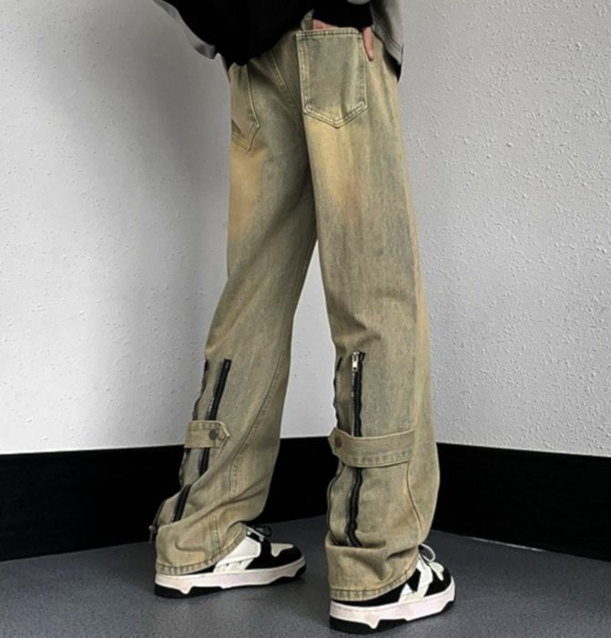 Vintage Punk Grunge Washed Zippers Decorated Straight Pants Unique ...