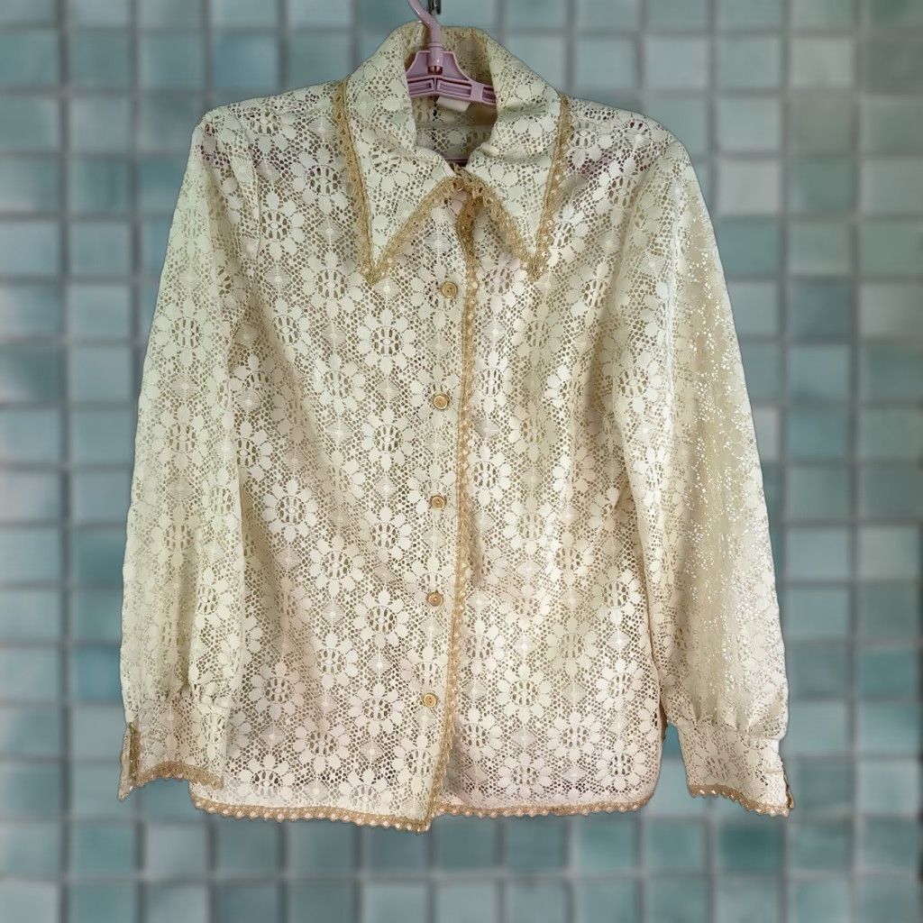 Vintage VTG 70's Mr Stan Lace Floral Button-Up Dagger Collar Shirt Womens SZ 13/14 Ivory Size XL / US 12-14 / IT 48-50 - 1 Thumbnail