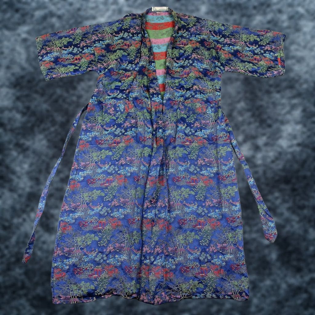 Vintage VINTAGE Solz Squirrel Kimono Blue Satin XL Belted Floral Scenic Chinese Robe XS? Size ONE SIZE - 1 Thumbnail