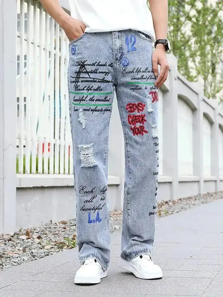Japanese Brand Graffiti Printing Jeans Men's Gradient Hip Hop Trousers Size US 32 / EU 48 - 2 Thumbnail