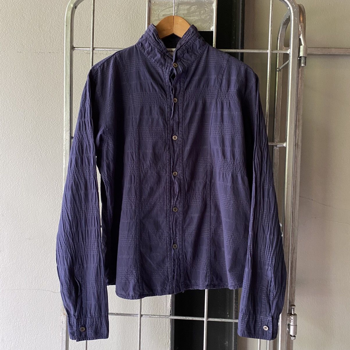 Issey Miyake Plantation Navy Textured Stand Collar Shirt Size M / US 6-8 / IT 42-44 - 9 Thumbnail