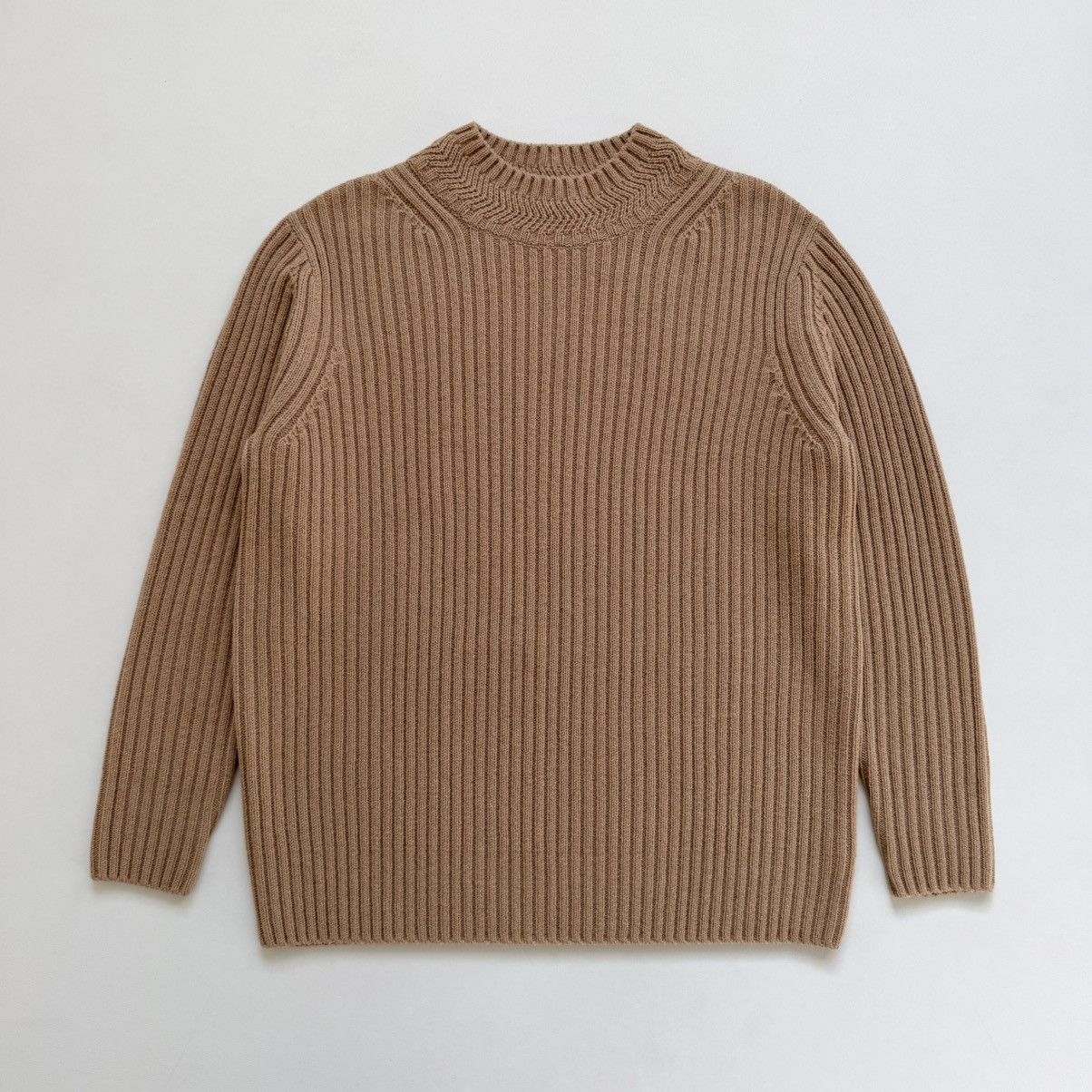 Camel Ribbed Knit Boxy Wool Sweater